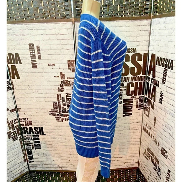 Gap L Blue Striped Pattern Crew Neck Ribbed Trim Long Raglan Sleeve Sweater - Picture 3 of 6